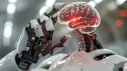 Robotic Hand Holding Digital Brain Symbolizing AI Advance