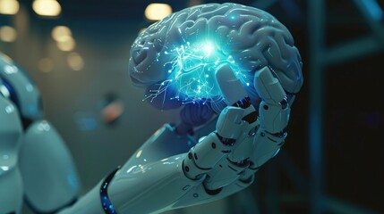 Robotic Hand Holding Digital Brain Symbolizing AI Advance - Powered by Adobe