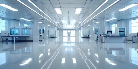 a large laboratory with a lot of windows and a ceiling with lights above it and a long table with...