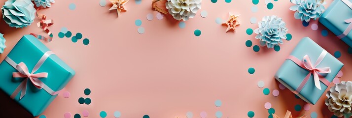 pink background with blue and pink gift boxes and confetti