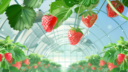 Tasty sweet organic pink strawberry plants growth in big Dutch greenhouse, everyday harvest,vector image 