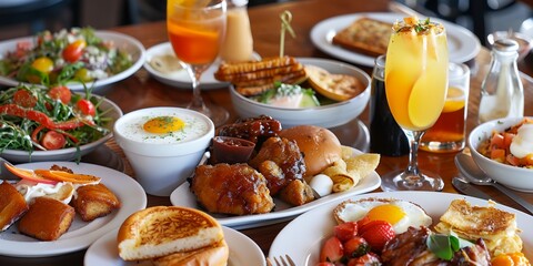 a table full of food and drinks on it's side, including bread, salad, and eggs