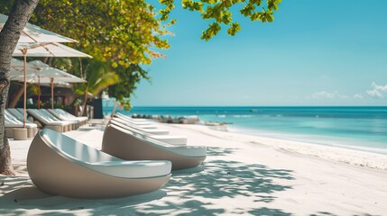 A luxury beach club with an abstract design, its modern loungers arranged on the white sand, facing the sea. copy space for text.