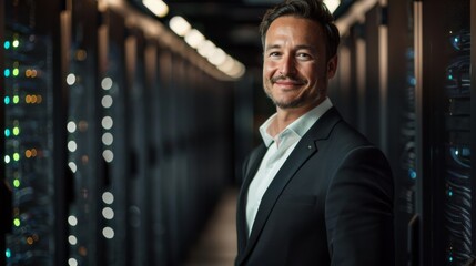 Portrait of Smiling Man in Black Suit and White Shirt Standing Against a Dark Server Room with Ambient Lighting, Symbolizing Professionalism in Technology Environment