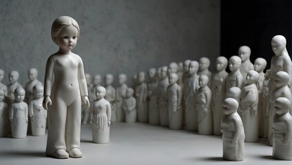 Obraz premium An expanse of unbroken white, a lone doll stands, its porcelain features a stark contrast against the blank canvas ai_generated