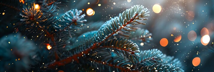 Fototapeta premium pine tree with a lot of snow on it and some lights in the background