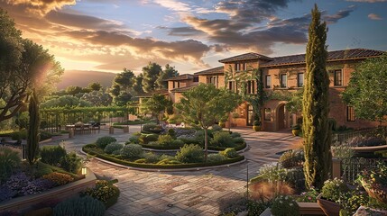 Obraz premium Sophisticated safe and smart residential estate, Style homes, gorgeous gardens, in nature, where lifestyle, sustainability and smart living technology meets.
