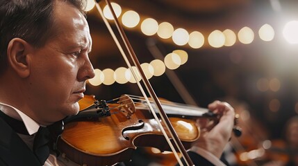 An adult man plays the violin in a symphony orchestra on a blurred background. copy space for text....