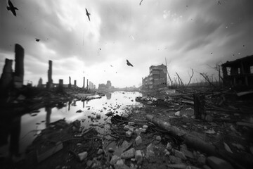 Naklejka premium Reflecting suffering and grief, representation of devastation and destruction during second great war, a look at the depth of emotions and trials during a difficult and tumultuous period of history
