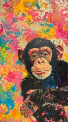 Colorful fantasy painting of a plotting chimpanzee in impressionistic style, surrounded by sky blue, rose, fuchsia, and yellow hues.