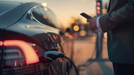 Businessman holding smartphone while charging car at electric vehicle charging station, closeup. resulting in highly. copy space for text. - Powered by Adobe