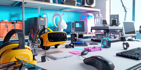 Innovation Hive at Work: A high-tech desk with virtual reality headsets, 3D printers, and futuristic gadgets, illustrating the cutting-edge research and development taking place in California's tech