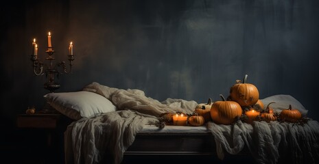 a bed with a bunch of pumpkins on it and candles - Powered by Adobe