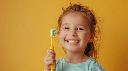 Cute Little Girl Holding a Toothbrush and Smiling Against a Yellow Background, Showcasing Children's Dental Care with a Health-Focused Pose in Pastel Studio Setting