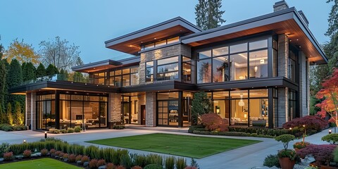 a large modern home with a lot of windows and a lot of grass in front of it and a lawn in front of it