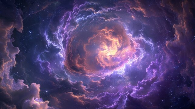 A serene journey through the cosmos in hues of violet, blue, mustard, mauve, and green, influenced by Norse mythology.