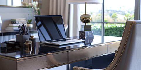 Fashion Forward Focus: A stylish desk showcasing the latest trends in home office design, including a luxury laptop, sleek accessories, and a statement chair, highlighting California's fashion sense