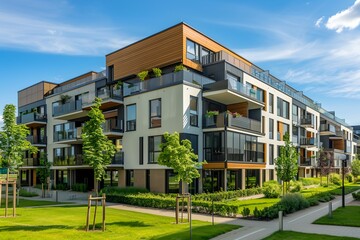row of modern apartment buildings with a green lawn