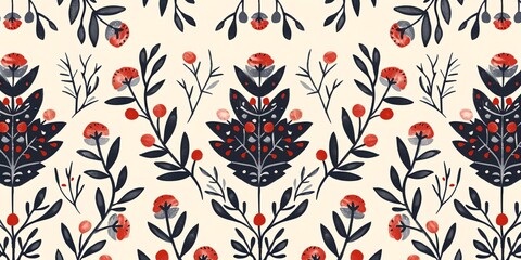 Fototapeta premium a floral pattern with red flowers and leaves on a white background