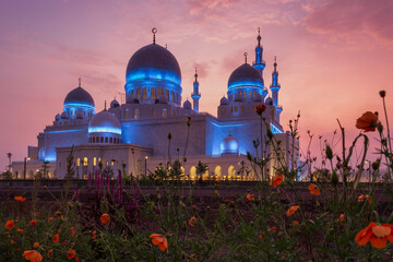 Sheikh Zayed Grand mosque with flowers at morning