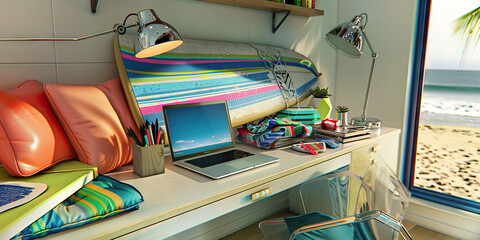 Silicon Beach Design: A chic beach-themed desk with a surfboard as a headboard, a laptop, and colorful accessories, embodying the playful energy of California's tech scene