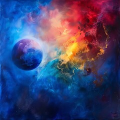 New world rises from cosmic fog, vibrant colors symbolizing creation and birth of a planet.