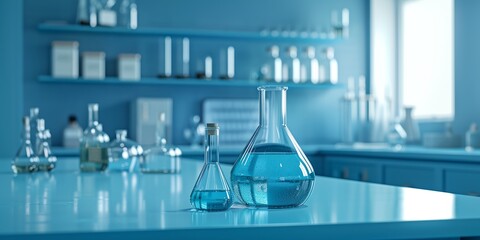 a blue counter with a lot of bottles and beakers on it and a shelf with bottles on it