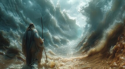 Portrait of the biblical back view of Moses dividing the sea with his stick: a depiction of divine power and liberation, with towering walls of water parting to reveal a path of destiny.