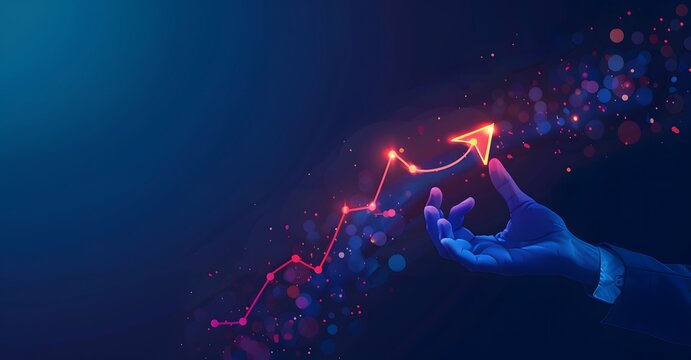 Businessman hand holding rising arrow in glowing graph bar chart with upward trend on dark blue background, Business growth or assault concept. Vector illustration, generative AI
