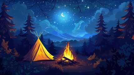 peaceful and beautiful evening atmosphere in nature. There is a yellow tent located near the campfire.