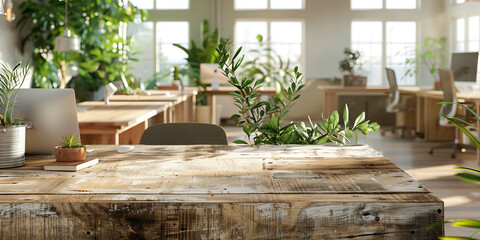 Organic Office Harmony: A tranquil workspace with a reclaimed wood desk, natural lighting, and organic decor, promoting sustainability and mindfulness in California's office culture
