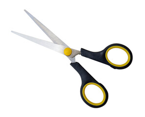 Top view of a pair of small multipurpose scissors with black handle isolated with clipping path in png file format