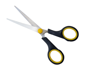 Top view of a pair of small multipurpose scissors with black handle isolated with clipping path in png file format