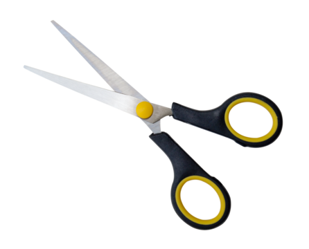 Top view of a pair of small multipurpose scissors with black handle isolated with clipping path in png file format