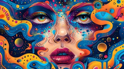 Abstract woman face psychedelic hippie pop art. Contemporary hypnotic design, flower child hipster, surreal modern hallucinogen pattern trippy landscape illustration, retro 3d digital art background.