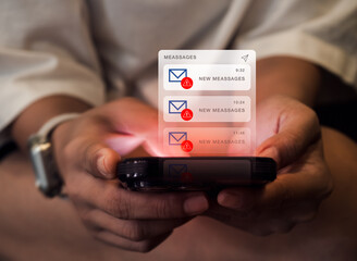 SMS spam and fake text message phishing concept. System hacked warning alert, email hack, scam...