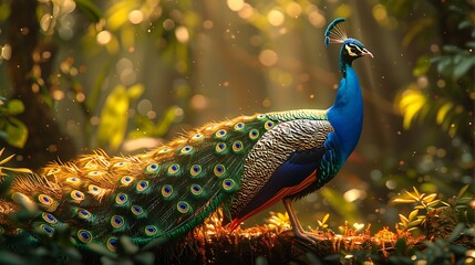 A regal peacock, displaying its vibrant plumage against a backdrop of lush foliage