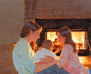 A painting of a family talking and laughing in front of a fireplace in the countryside Happy family