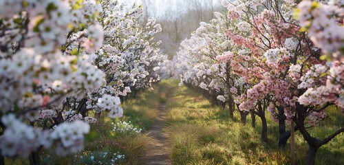 A backyard orchard at blossom time, rows of fruit trees covered in white and pink flowers, a narrow path winding through. 32k, full ultra hd, high resolution - Powered by Adobe