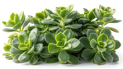 A close-up photograph of a green succulent plant with white background, focus on the center of the...
