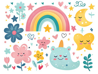 The white background features small happy faces, hearts, stars and rainbows in pastel colors without shadows