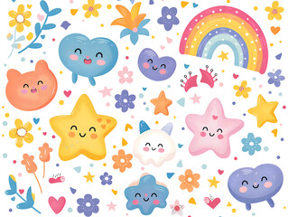 The white background features small happy faces, hearts, stars and rainbows in pastel colors without shadows