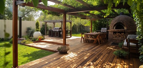 A backyard with a DIY wooden deck, featuring a hand-built pizza oven and a rustic dining area under a pergola. 32k, full ultra hd, high resolution