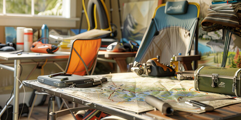 Outdoor Adventure Desk: A functional and durable workspace designed for outdoor enthusiasts, complete with a camping chair, map case, and gear strewn about, reflecting the active lifestyle of those wh