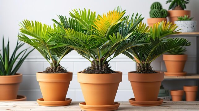 Three potted cycads on a wooden table