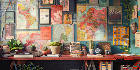 Portland Creative Desk: A colorful and eclectic workspace adorned with vintage maps, succulents, and local art, paying homage to Portland's eccentric culture and thriving art scene