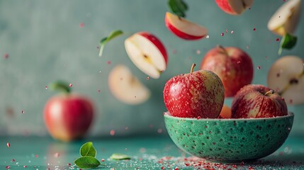 Suspended apple chunks, midair, green background, professional studio photography, hyperrealistic, minimalism, negative space, high detail, precise focus