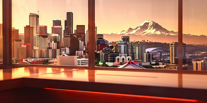  Seattle City Desk: An urban-inspired workstation with a sleek L-shaped desk and a city skyline backdrop, showcasing the iconic Space Needle and Mount Rainier in the distance, embodying Seattle