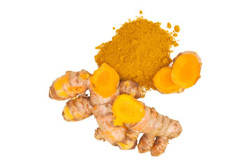 a heap of turmeric powder with some turmeric rhizome slices isolated transparent