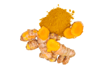 a heap of turmeric powder with some turmeric rhizome slices isolated transparent